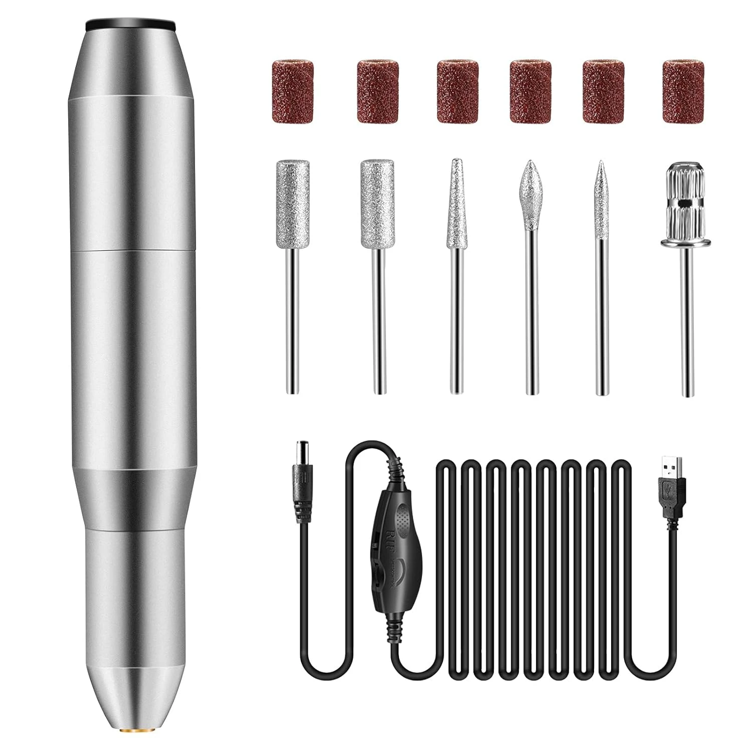 Portable Professional Nail Drill Set for Manicures & Pedicures – USB Rechargeable with 6 Sanding Bands & 6 Heads for Acrylic N