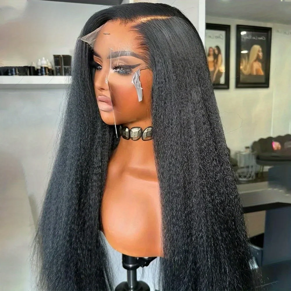 

Кудрявый прямой 26-дюймовый яки черный длинный 180 Плотность бесклеевой синтетический парик фронта шнурка 13*4 для женщин Детские волосы предварительно выщипанные ежедневно