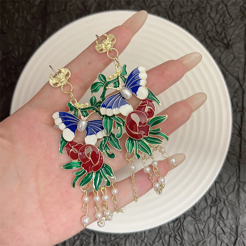 Vintage Heavy Industry Enamel Butterfly Earrings for Women Court Style Drip Oil Pearl Flower Tassel Earrings Party Jewelry Gifts