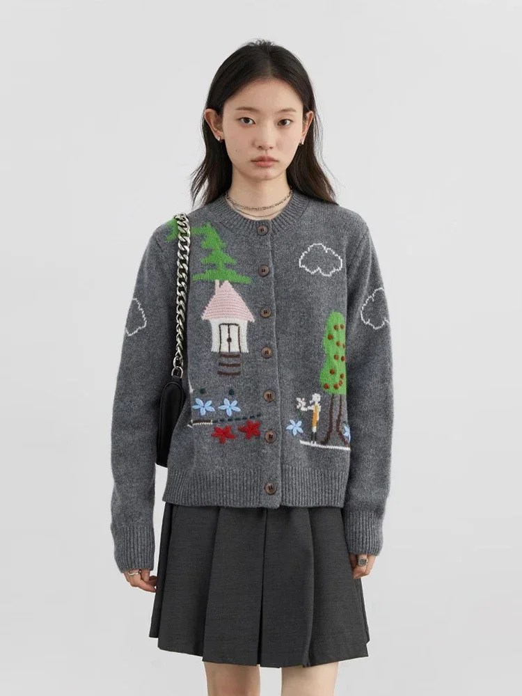 شيك فين الكورية النساء البلوزات مكتب فضفاض سترة مشغولة من الصوف كم طويل لاعبا فتاة ملابس خارجية تريكو خريف شتاء 2024