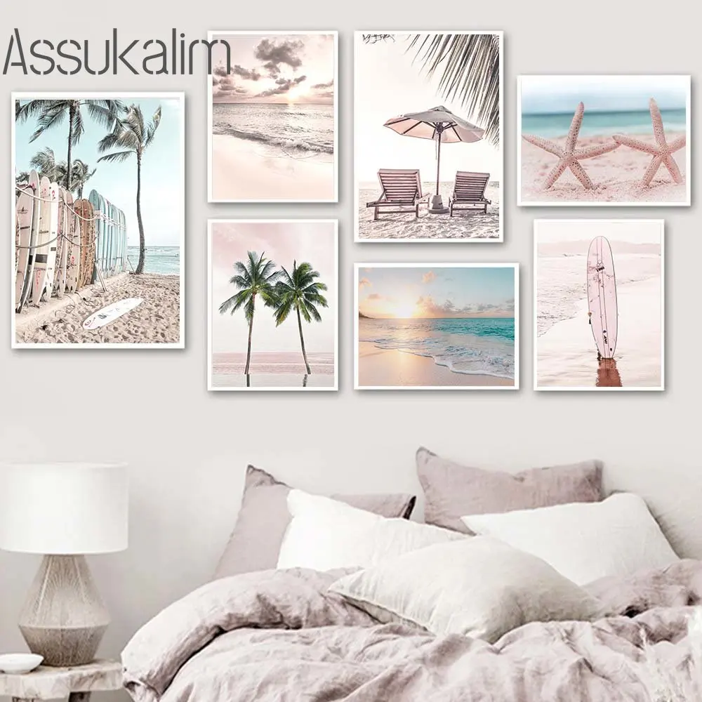 Parasol Canvas Poster Surfboard Painting Poster Palm Wall Art Beach Print Pictures Birds Art Prints Nordic Posters Bedroom Decor