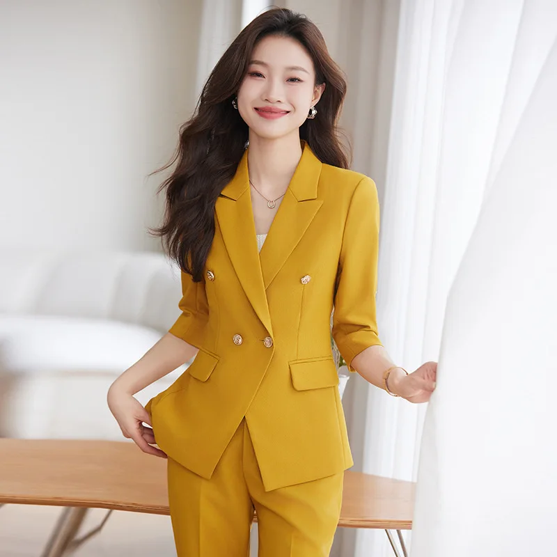 

Yellow Women's Suit Jaet Spring Autumn 2024 New Small Size Seven Sve High-End Profional Two-Piece Set Faionable Off...