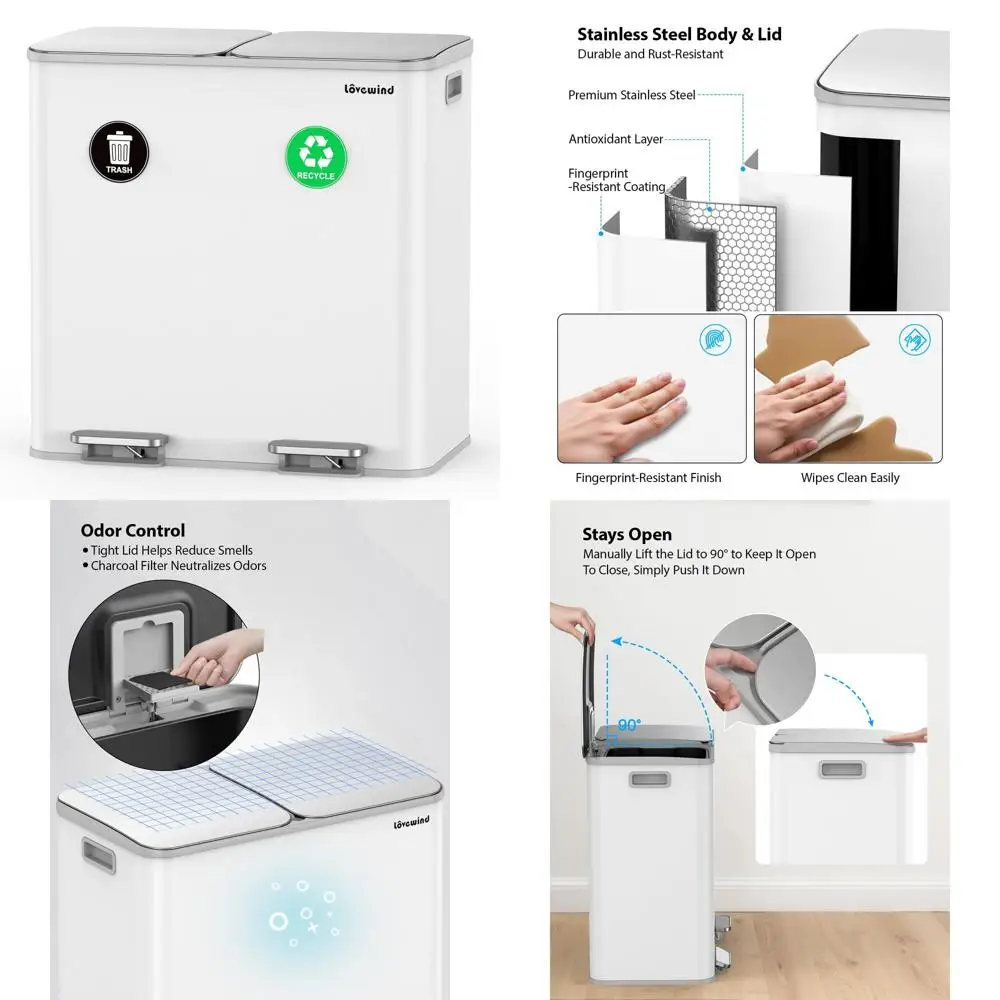 

Двухсекционная мусорная и раздельная утилизационная корзина из нержавеющей стали, емкость 2 x 10,5 галлонов, белая, с крышкой с плавным закрыванием