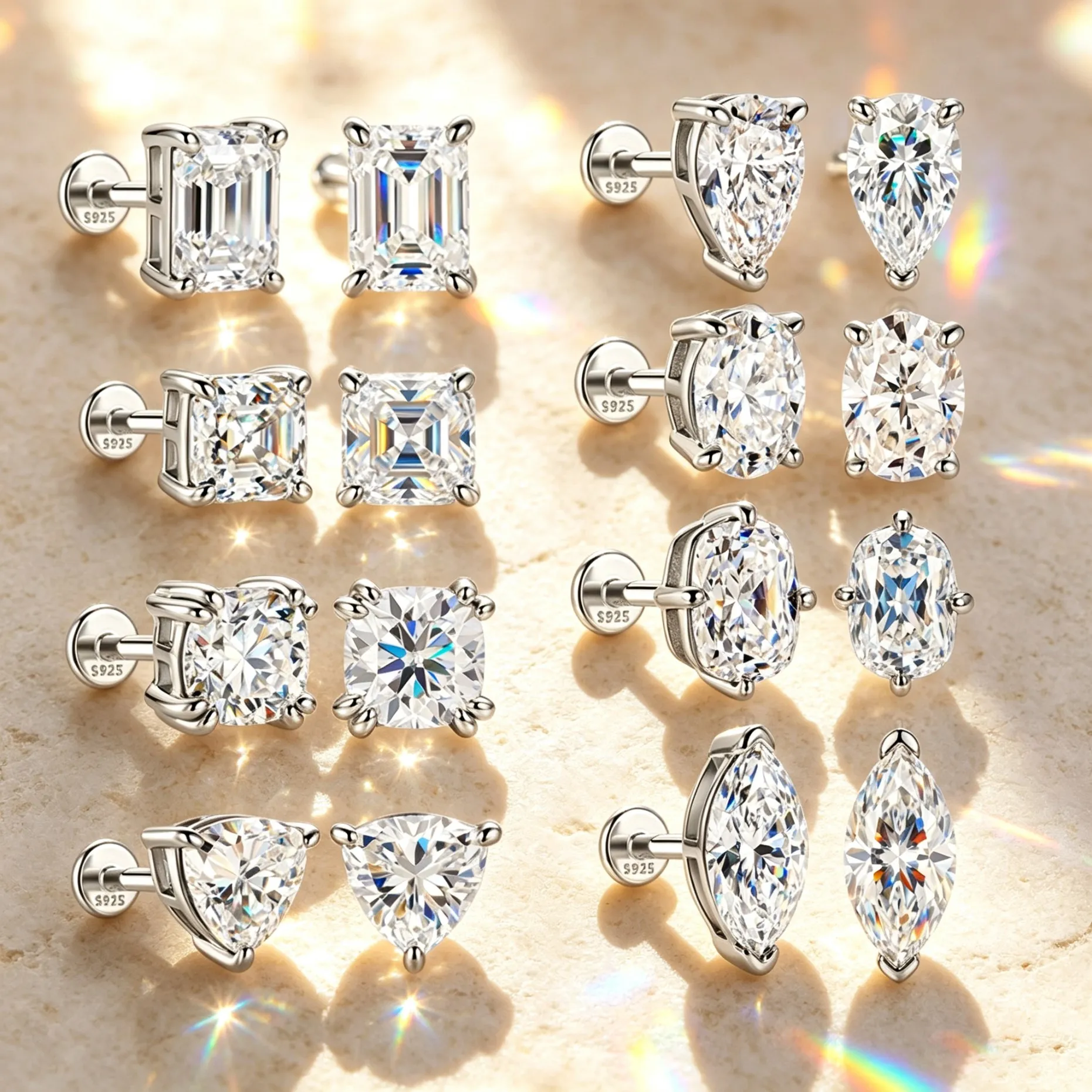 AIDE 925 Sterling Silver Classic Moissanite Flat Back Piercing Earring for Women 1 Carat Geometric Shape Wedding Bridal Jewelry view 6