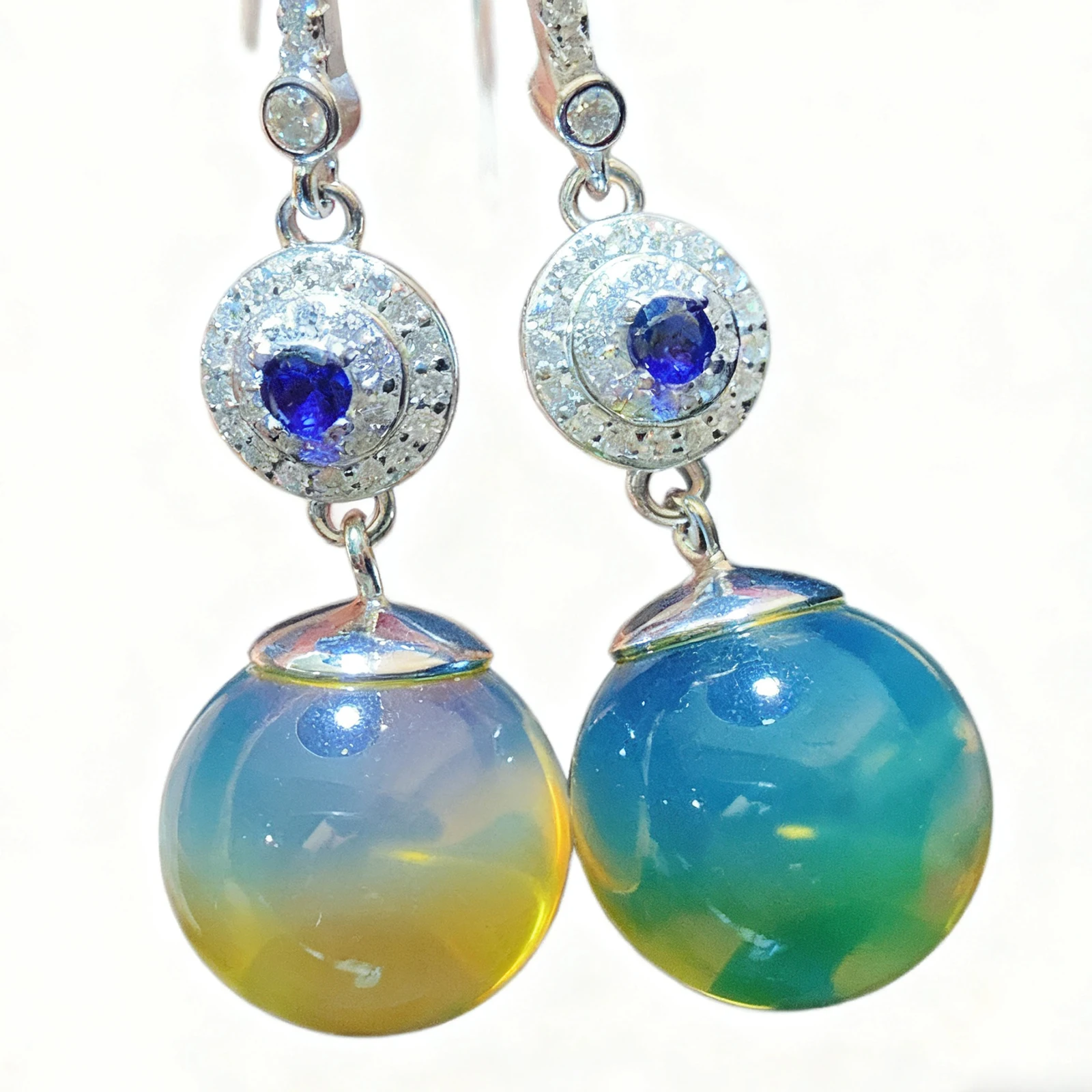 

Women's Balti AmberEarrings12mm Round Sterling Silver Hook Design White Side Stones with SapphireDecoration Gift for Her Jewelry