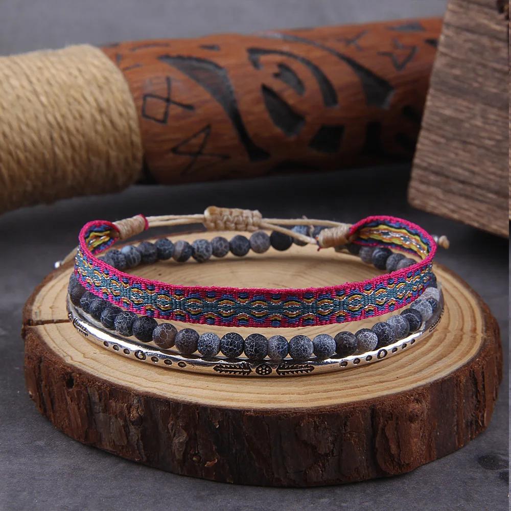 Tibetan Buddha Rope Chain Blue Natural Stone Weathered Beaded  For Men 3Pcs/ Set Silver Plated Adjustable Bracelet  Jewelry Gift