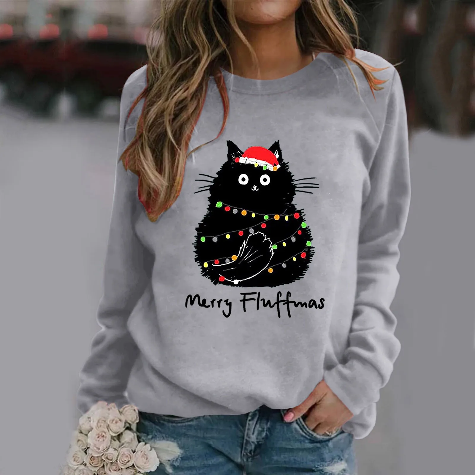 Sudadera holgada con estampado navideño de Feliz Fluffmas, jersey sin capucha con cuello redondo, Tops informales de manga larga para entrenamiento con capucha para mujer