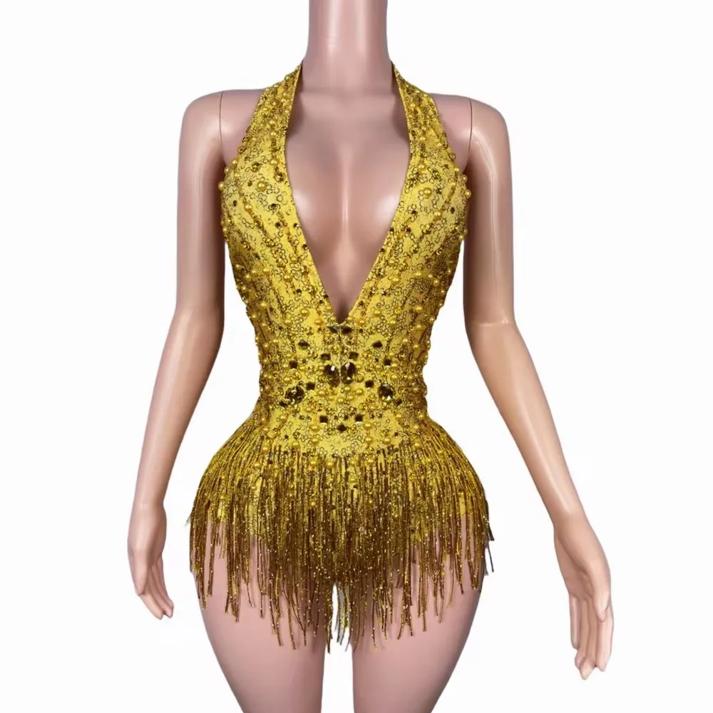 

Sexy Fringe Leotard Bar Nightclub Dance Costume Gold Crystal Tassel Bodysuit DJ Women Dancer Singer Pole Dance Stage Performance