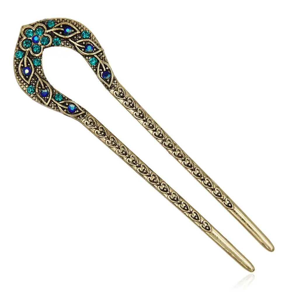 Delicate Antique Women Bronze Plated Rhinestone Stick Pin Hair Accessories Hairpins U-shaped