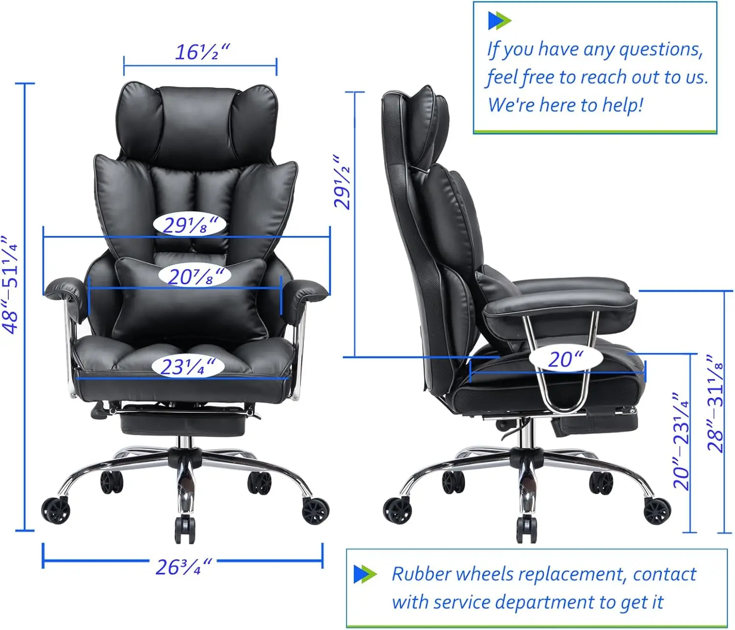 Desk Office Chair 400LBS, Big and Tall Office Chair, PU Leather Computer Chair, Executive Office Chair with Leg Rest and Lumbar