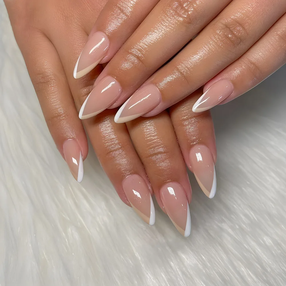 

Natural Press On False Nails With Glue Stickers V Shape French Tips Manicure Fingertips Short Stiletto Fake Nails