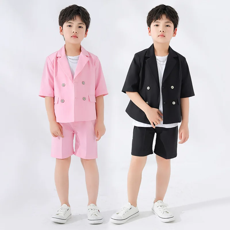 

Summer Kids Short Sleeve Suit Jacket Shorts Formal Dress Boys Solid Color Blazer Clothes Sets Children Tuxedo Teenage Costumes