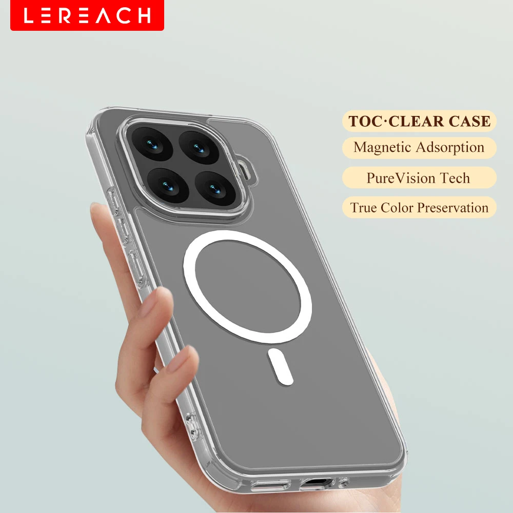 Lereach para Xiaomi 15T Pro/15T Funda magnética para teléfono, acrílico + TPU, cubierta de carga inalámbrica MagSafe transparente a prueba de golpes de 4 esquinas