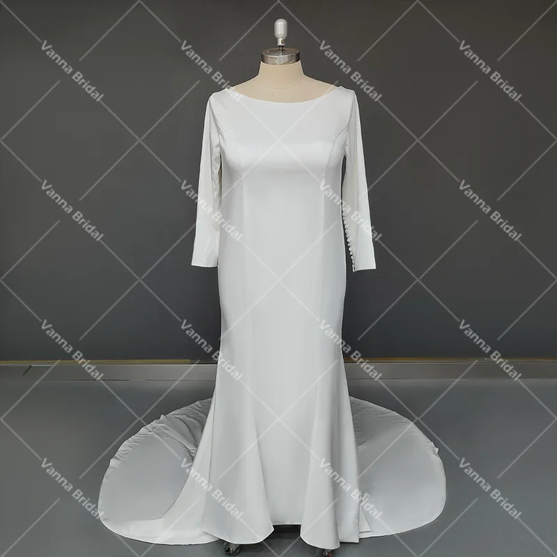 Vestido de novia sencillo de sirena, prenda de novia con mangas largas ajustadas y Espalda descubierta, con botones de marfil