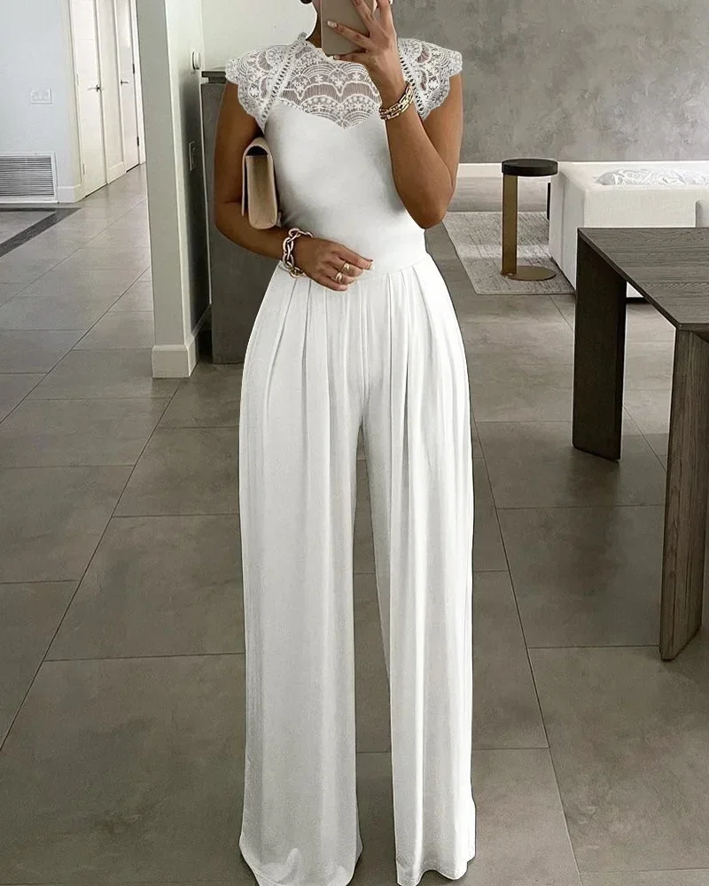 Women Lace Solid Color Jumpsuit Fashion Loose Casual Lace Jumpsuits Pants High Waist Sexy