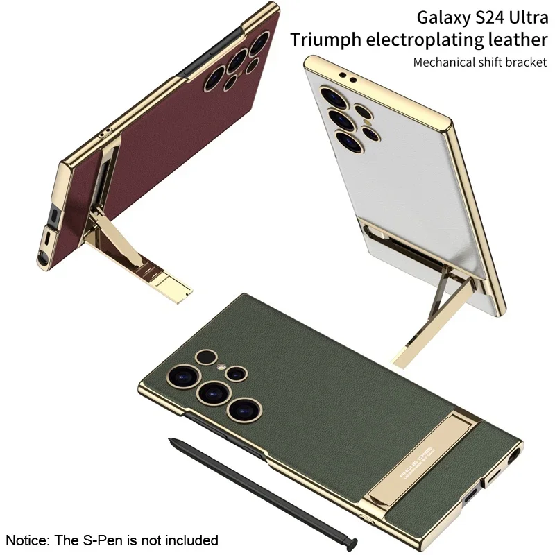 For Samsung Galaxy S24 Ultra Plus / S23  Bracket Case Quality Electroplating Leather Camera Protection Phone Cover No-pen