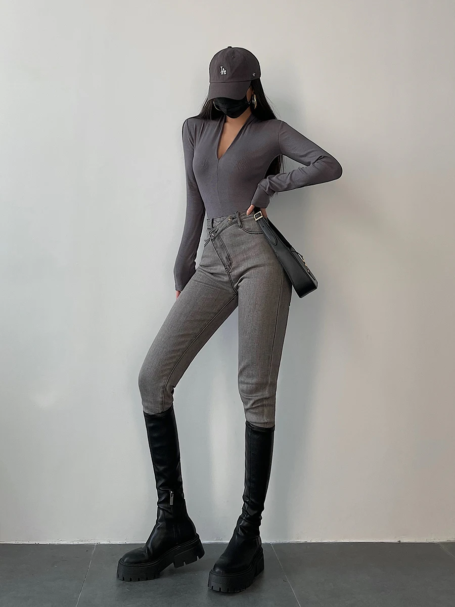 

High Waist Pencil Jeans Elastic Waist Slim Fit Stretchy Long Pants Young Girl Day Asymmetrical Waist Design Women's Denim