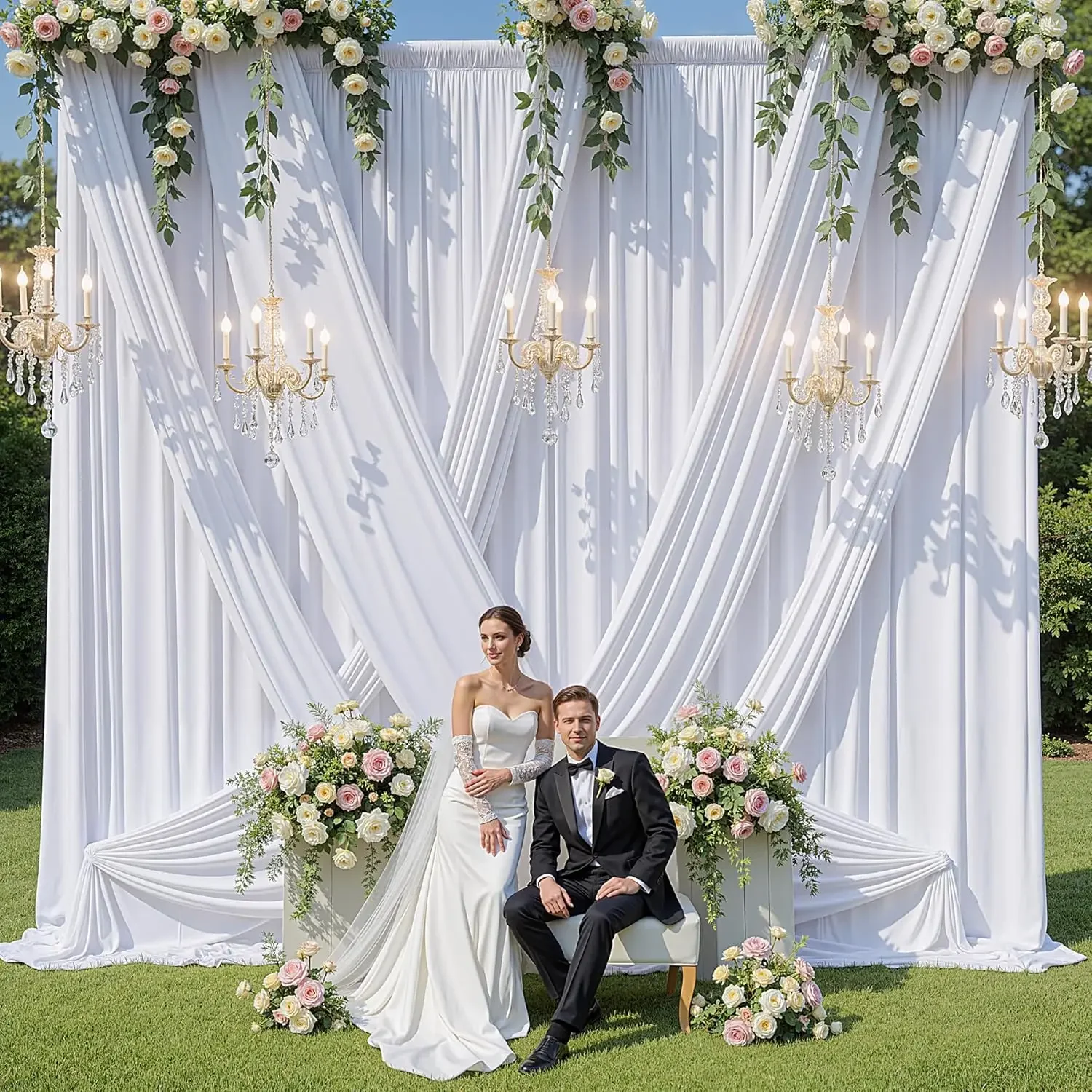 

50ftx16ft White Backdrop Curtain for Wedding Party, 10 Panels Wrinkle Free Polyester Photo Backdrop Drapes Photography Cloth