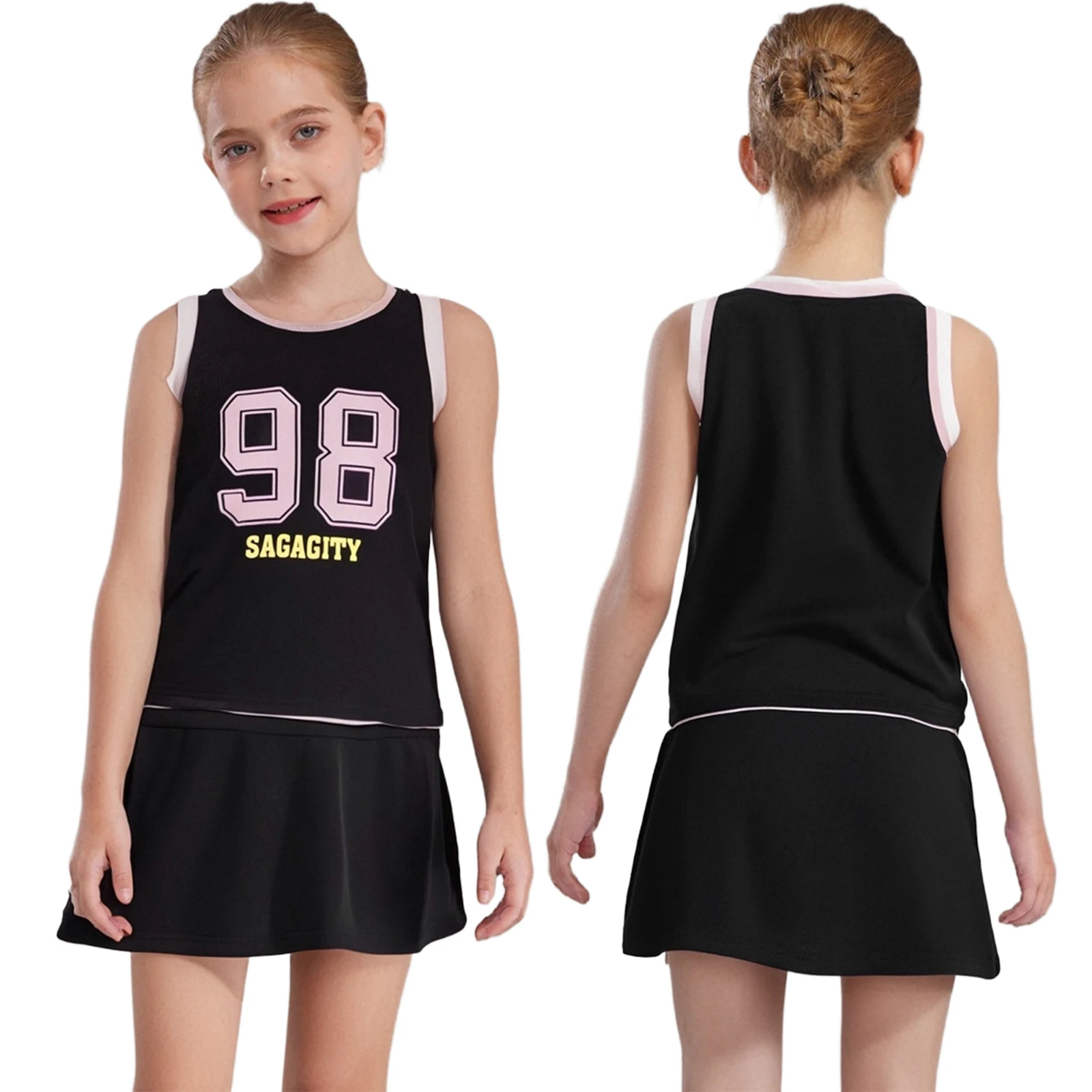 Girls Tennis Yoga Gym Sports Suit Sleeveless Moisture-Wicking Tank Top with Stretchy Skirts for Kids Workout Training Clothes