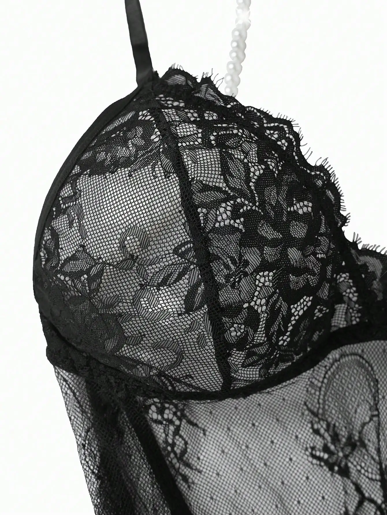 Camicia da Notte Lunga in Pizzo Nero Trasparente con Set G-String per Abbigliamento da Sera