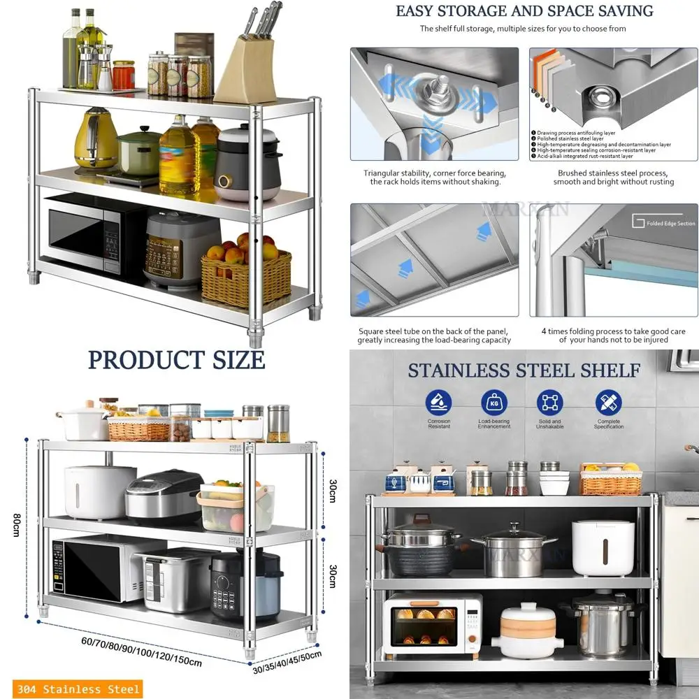 Stainless Steel Kitchen Storage Shelf - Multi-Level Floor Standing Rack for Microwave Oven and More