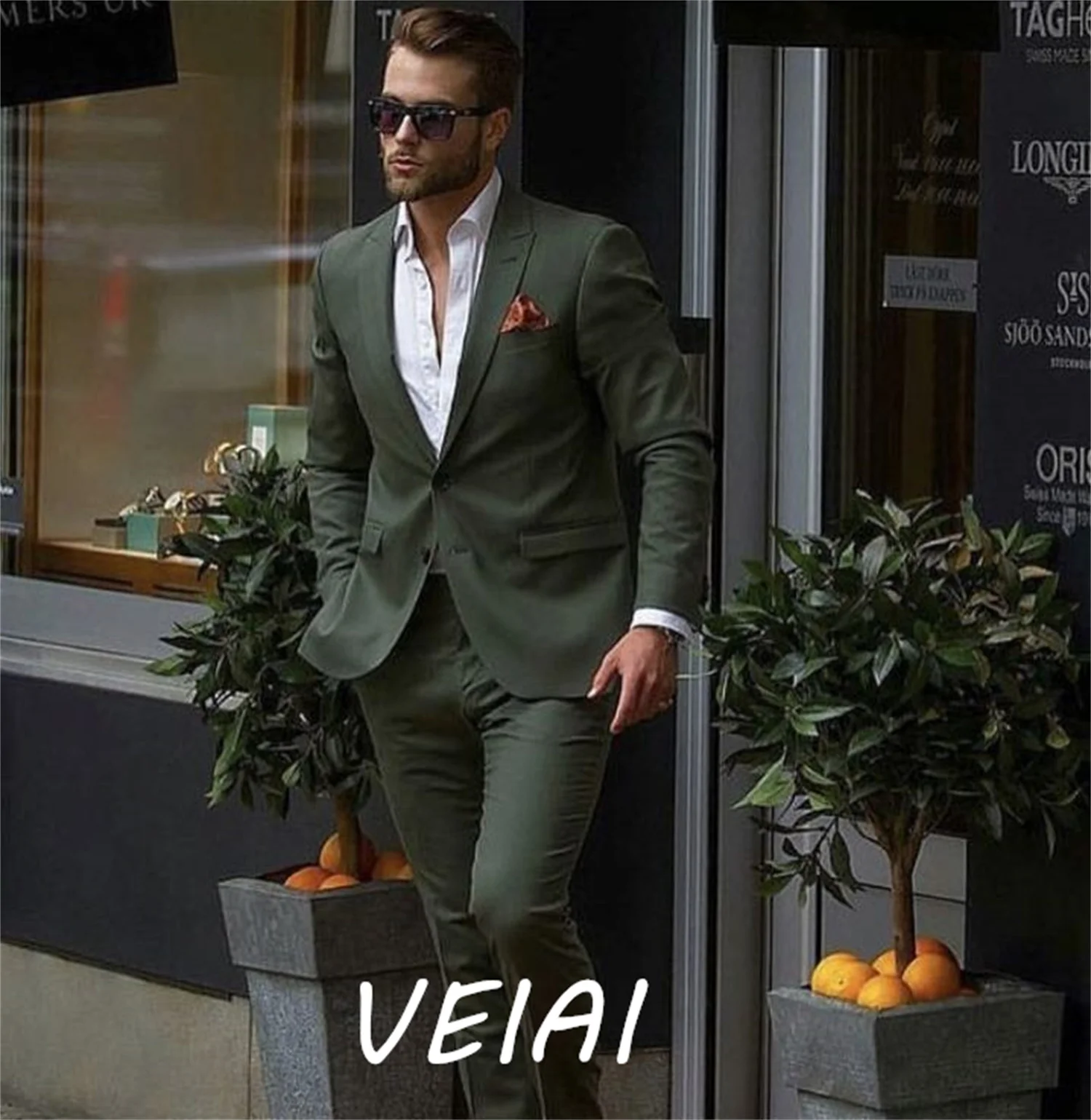 

Повседневный стильный комплект из 2 предметов (куртка + брюки), темно-зеленые мужские костюмы, приталенный смокинг жениха, модный костюм на заказ, свадебный роскошный комплект