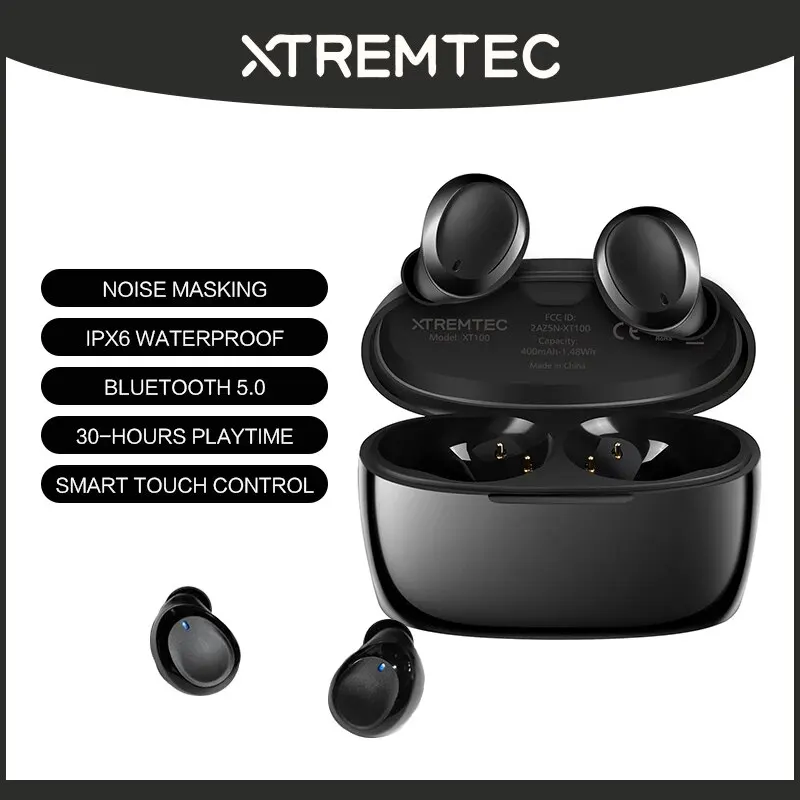 XTREMTEC XT100 Noise Cancelling Wireless Earbuds, In-Ear Sweatproof Stereo Bass Headphones, Immersive Sound, 30H Playtime