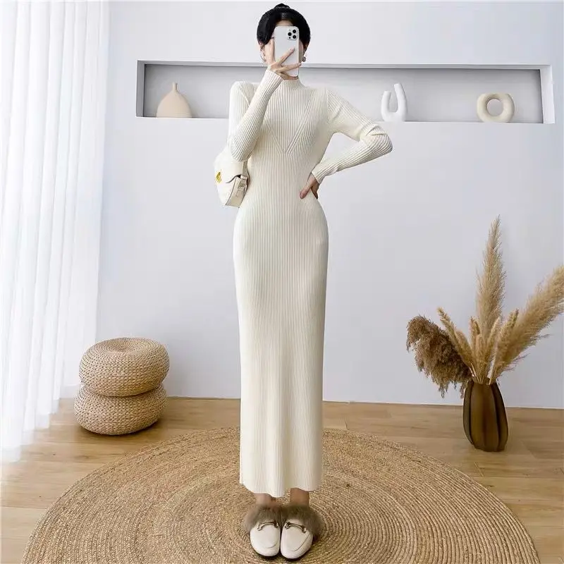 Women Clothing Autumn Winter Fashion Half High Collar Bodycon Knitted Dresses Elegant Solid Long Sleeve Basic Maxi Dress Vestido