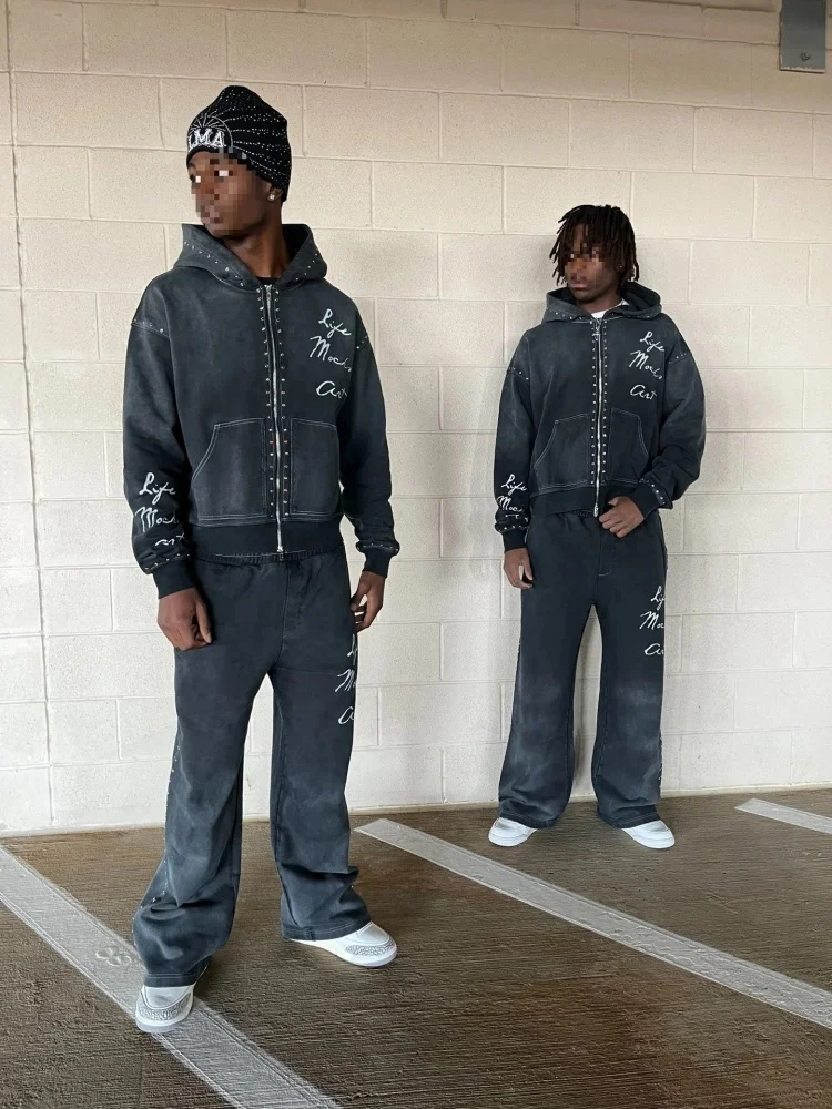 الشتاء الرجعية حجر الراين غسلها Sweatpants Y2K الهيب هوب الشارع نمط فضفاض للجنسين سراويل تقليدية للرجال والنساء #6