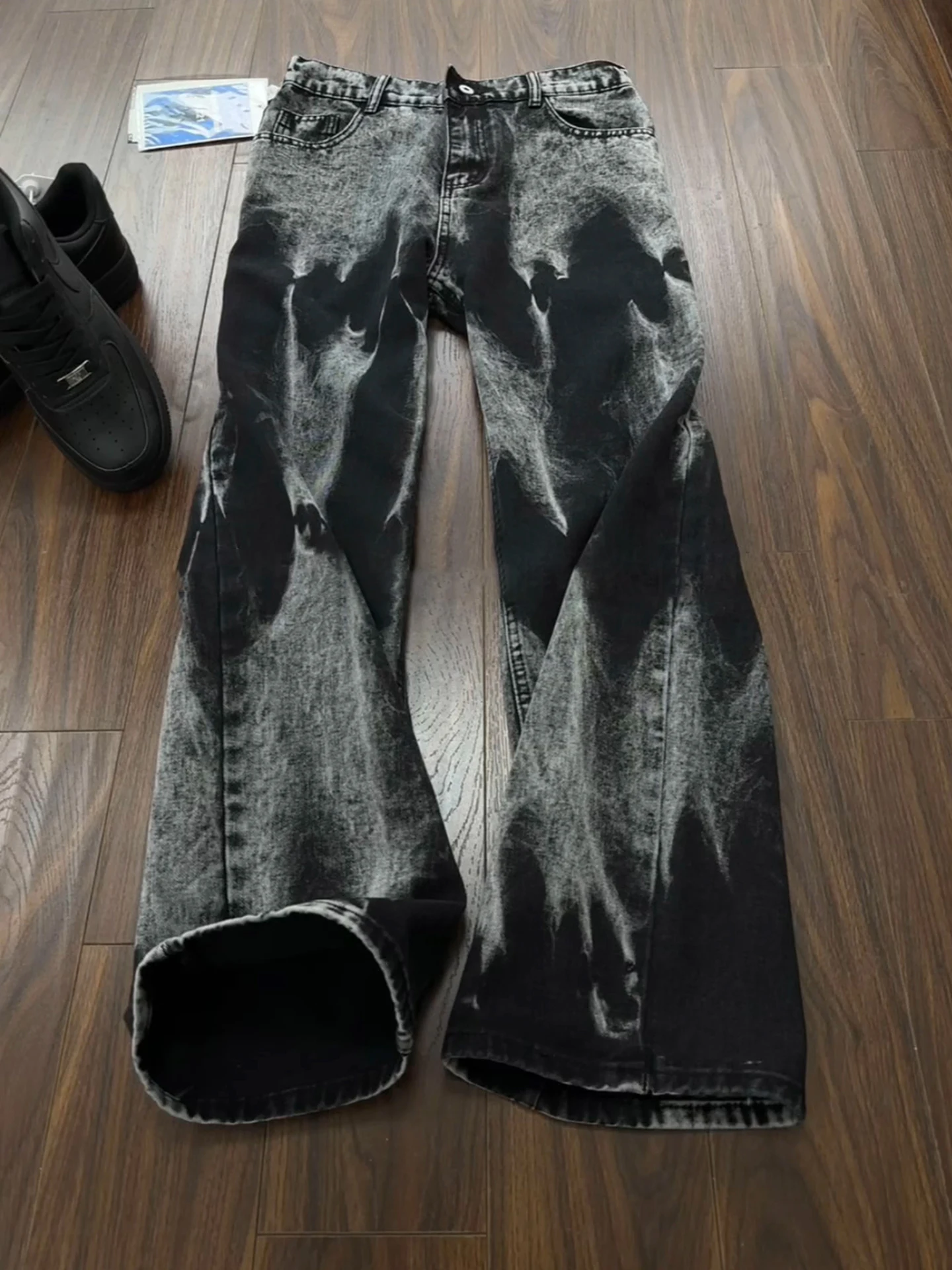 

American Sle Vintage Waed Tie Dye Jeans Men's Summer Slim Straight Leg Knife Flared Pants Youth Casual Cotton Polyester B...