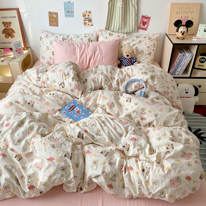 Koala Duvet Cover Set Washed Cotton Cartoon Rainbow Print Bedding Cute Kawaii Animal Comforter Covers for Kids Girls Boys Woman