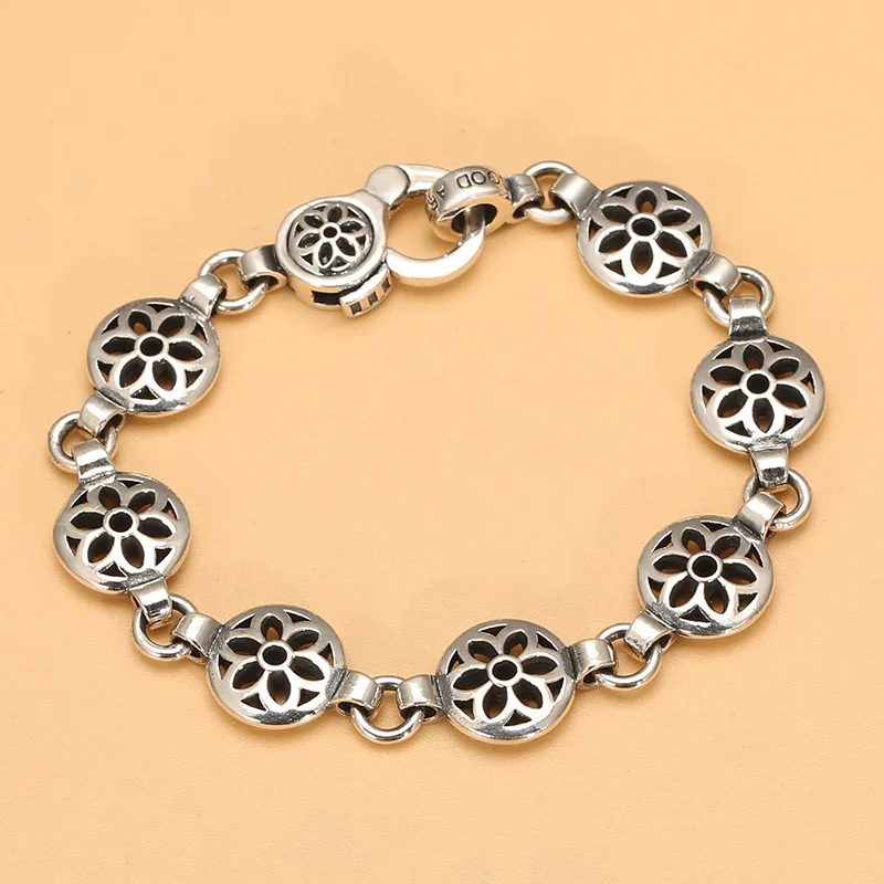 Bracelet à Pétales Ajourés en Argent Thaïlandais S925, Style Punk Vintage, Simple, Solide, Boule Plate, Ornement de Mode pour Homme