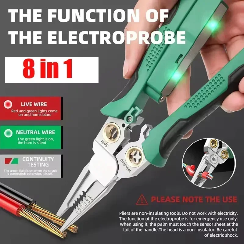 

Multifunctional Wire Stripper Electrician Pliers 8-in-1 Stainless Steel Needle-nose Pliers with Electrical Measurement Hand Tool