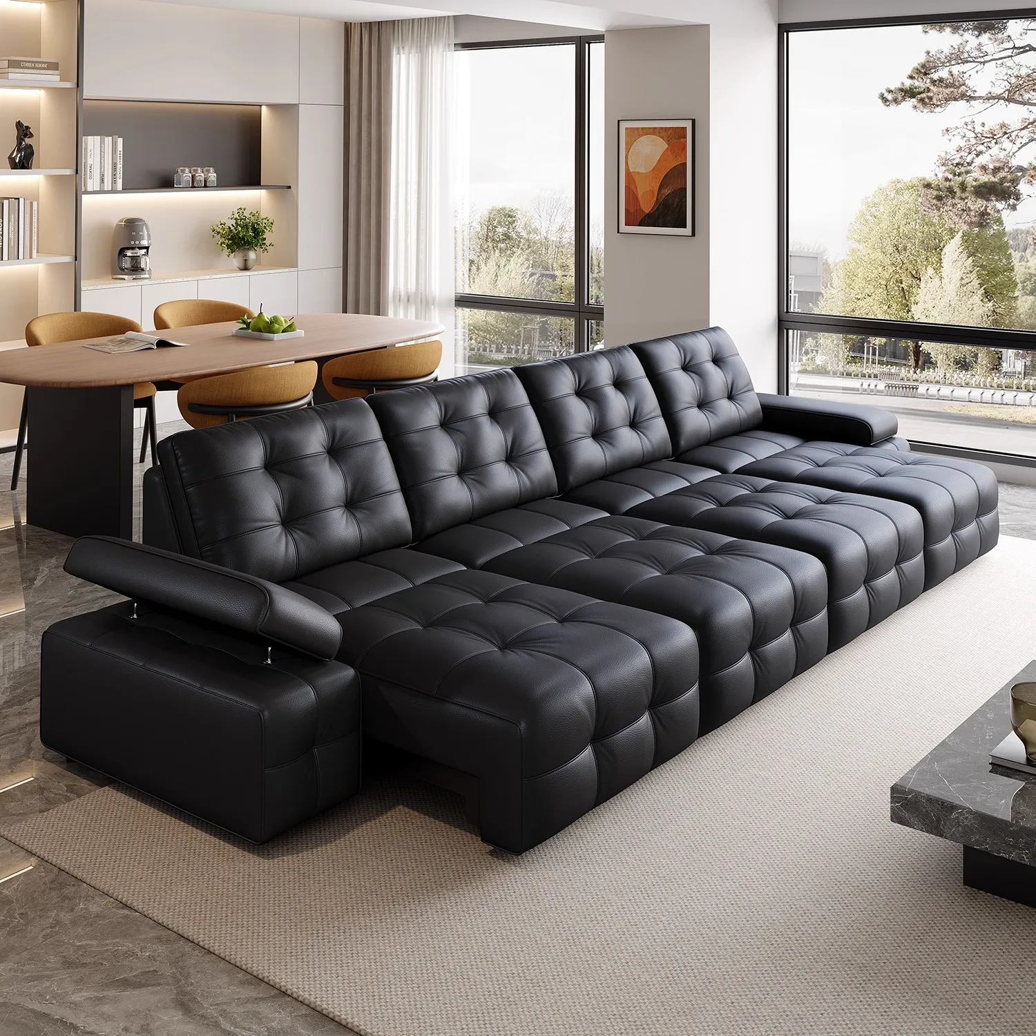 Modern Leather Power Sofa Bed, Convertible Electric Remote Control Reclining Couch, Multifunctional Living Room Furniture