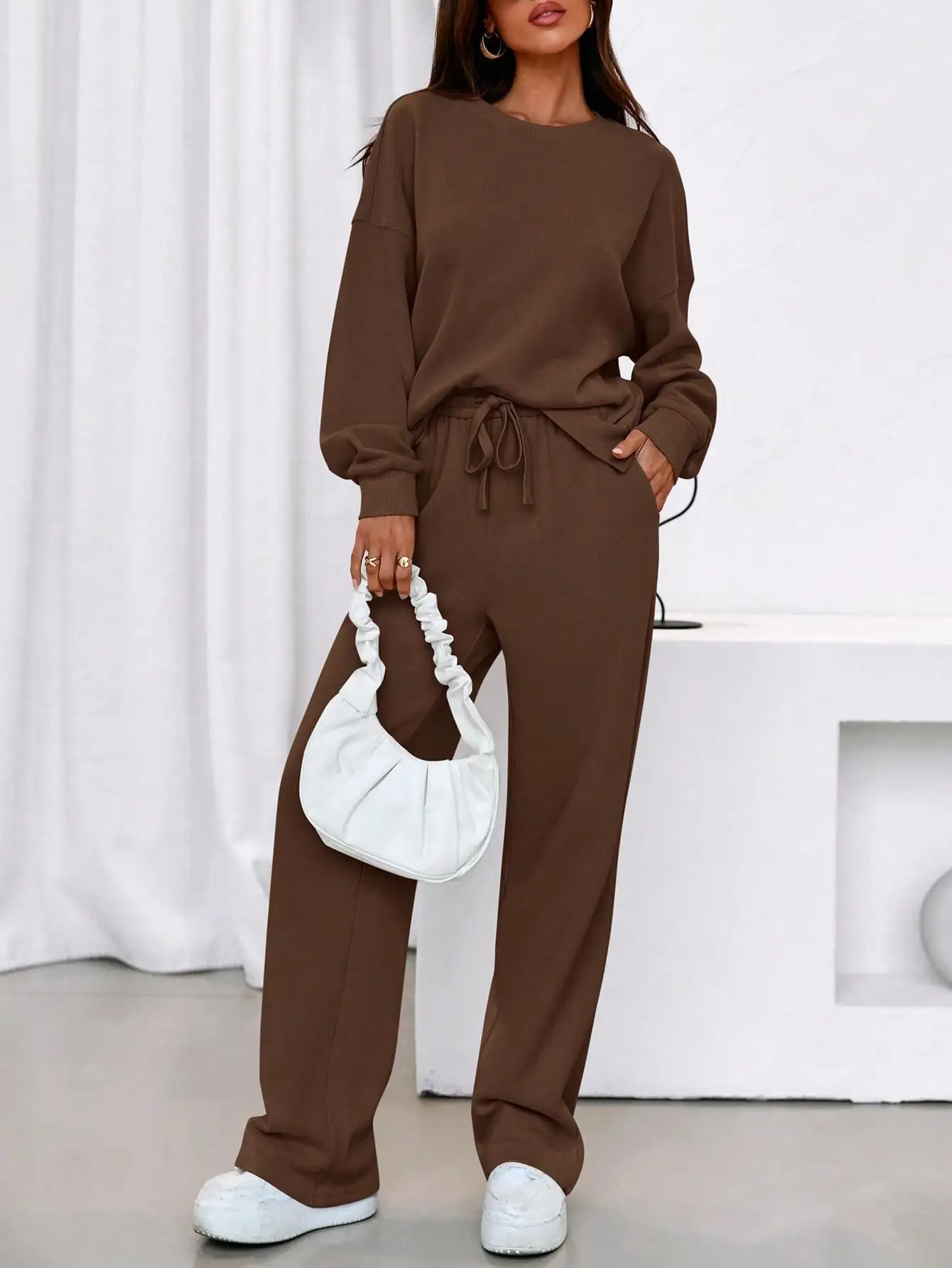 

Women's Brown Loose Knit Two-Piece Set with Drawstring Waist