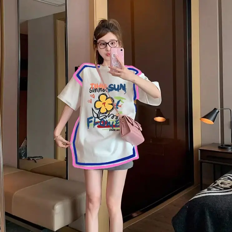 Korea Women Casual Printed Basic Short Sleeve T-Shirt Summer Solid Loose Tees Female Top 2024 New