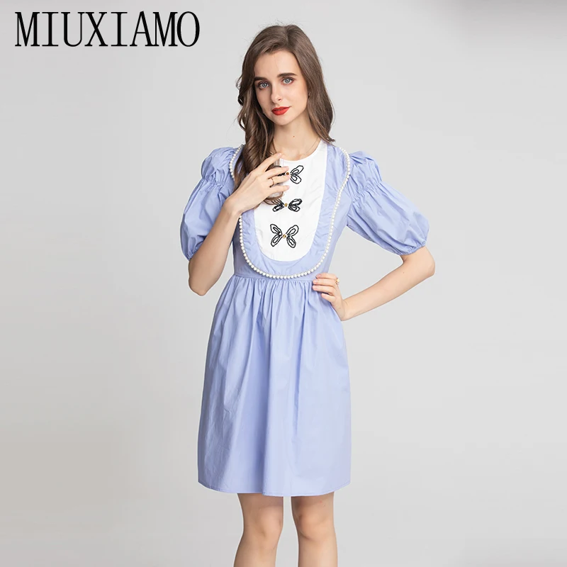 

MIUXIMAO 2022 High Quality Spring&Summer Elegant Dress Short Sleeve O-Neck Bow Beading Fashion Casual Mini Dress Women Vestides