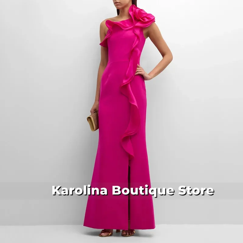 Sukienki wieczorowe w kolorze intensywnego różu, z jednym ramieniem, z kwiatowymi falbanami, syrenie suknie wieczorowe dla kobiet 2025, bez rękawów, z rozcięciem z boku, formalna suknia na przyjęcie.