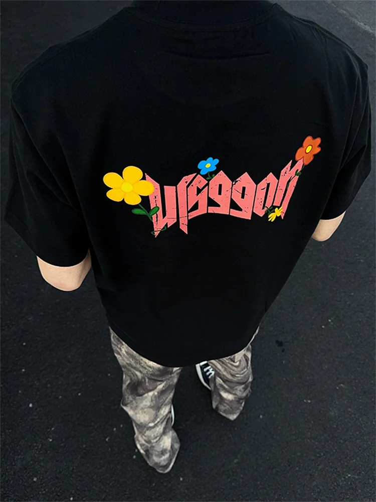 

Мужская футболка с цветочным принтом из хлопка, плотная, летняя, повседневная, с круглым вырезом, для пар, рукав 7/8