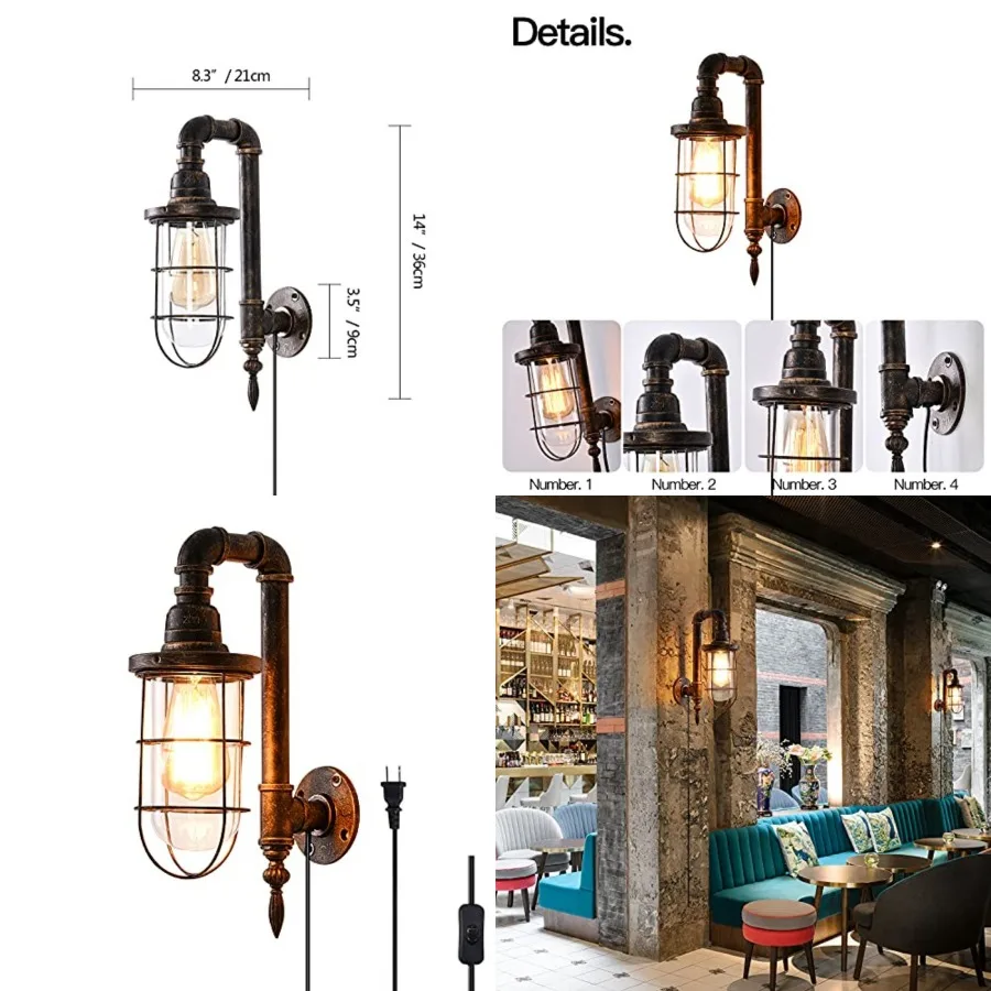 

Industrial Plug in Wall Light E26 Base Edison Wire Retro Style Vintage Wall Lights with 5.9Ft Adjustable Plug in Cord Rustic Wa