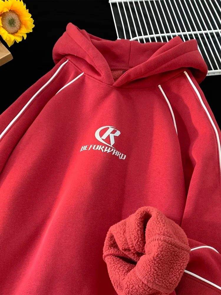 

American Sle Thiened Fce Hoodie Men's High-End Feeling Cool Red Upper Winter Thiened Hooded Jaet Casual Long Sve