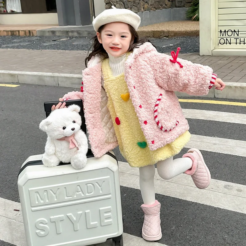 Girls Fleece Thick Wool Coat Children 2024 New Autumn Winter Fashion Simple Casual Warm Wool Coat Korean Simple Style Top Kid