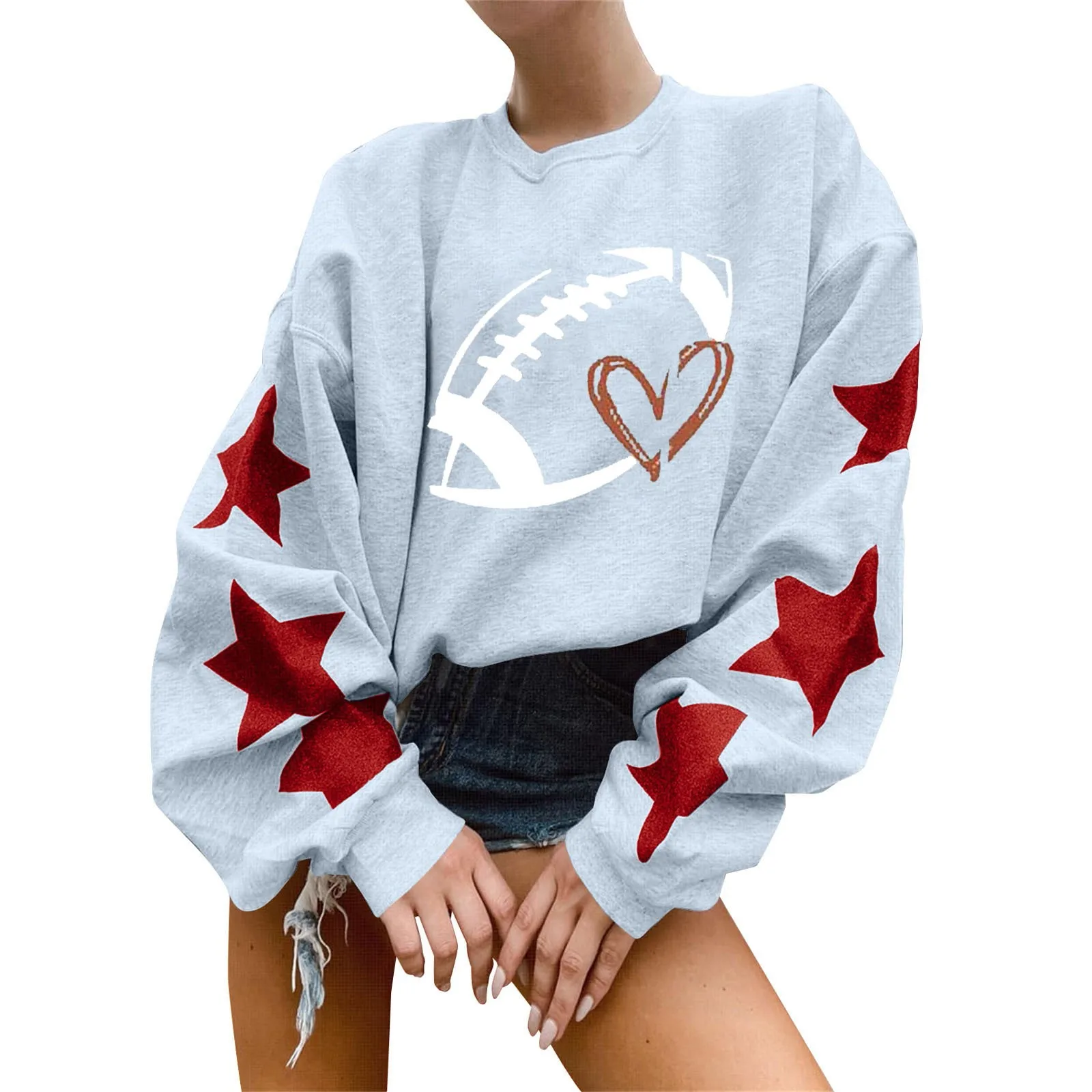 Rugby Sport Hoodies Women'S American Stars Rugby Ball Print Causal Sweatshirt O-Neck Drop Shoulder Baggy Loose Chic Pullover Top