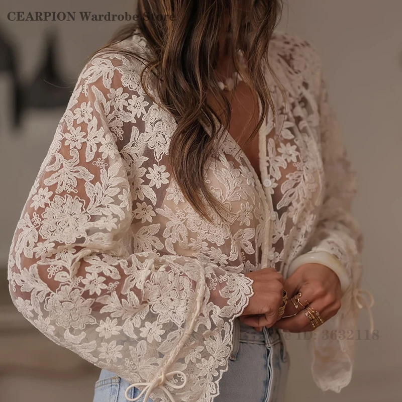 

Сексуальные кружевные рубашки, летние блузки с длинными рукавами, модная женская одежда, Blusas Mujer De Moda, топы с вырезами, прозрачная повседневная рубашка