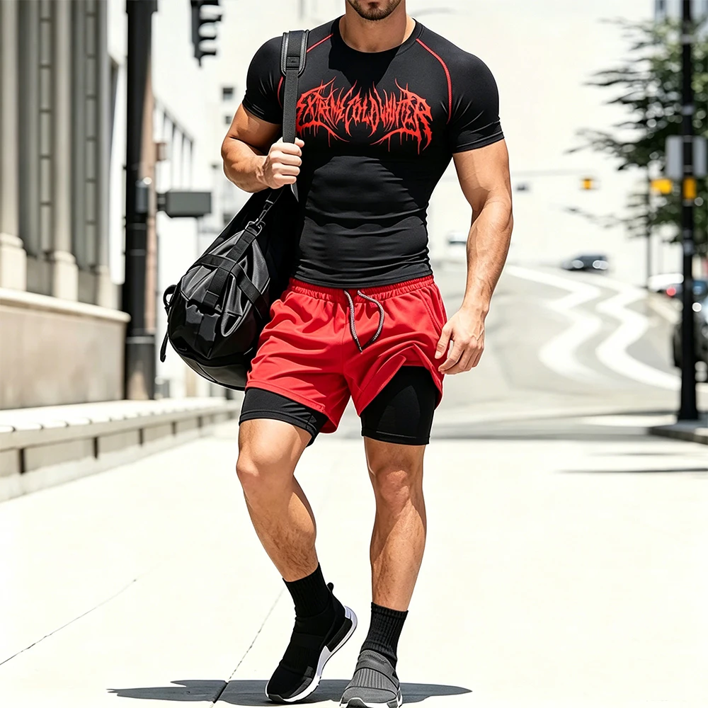 

Men 2 Piece Workout Set Compression Short Sleeve T-Shirt Death Metal Letter Print Double Layer Athletic Shorts Running Tracksuit