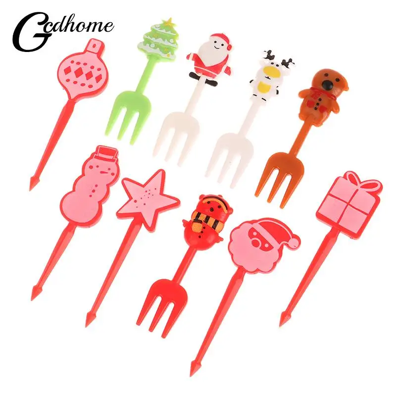 4/8/10pc Christmas Bento Food Picks Plastic Fruit Stick Pick Fork Reusable Lunch Box Toothpicks Kids Decoration For Picky Eaters