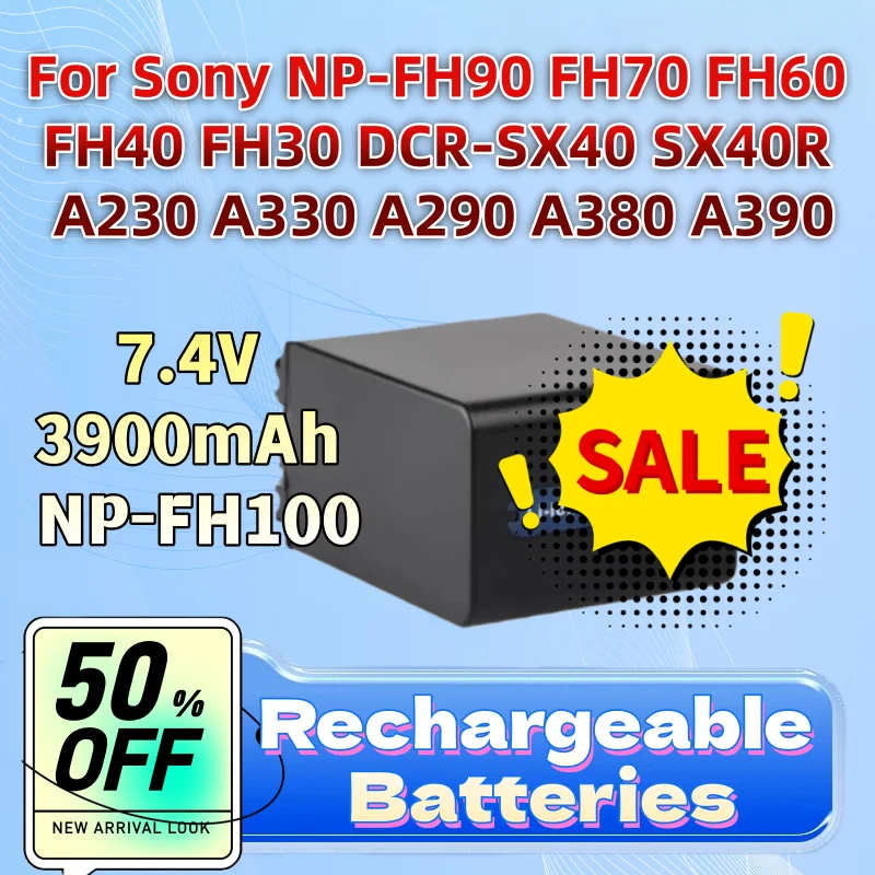 

High-Quality Battery for Sony NP-FH90 FH70 FH60 FH40 FH30 DCR-SX40 SX40R A230 A330 A290 A380 A390 7.4V 3900mAh NP-FH100