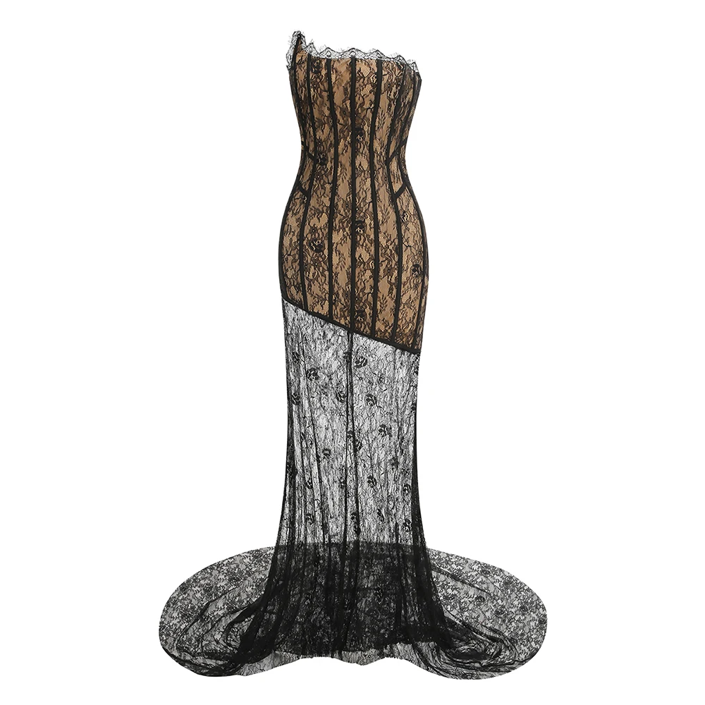 

Women's 2 Piece Outfits Strapless Backless Short Dresses Top and Lace Sheer Long Skirt Dress Sets Luxury 2 Piece Maxi Skirt Sets