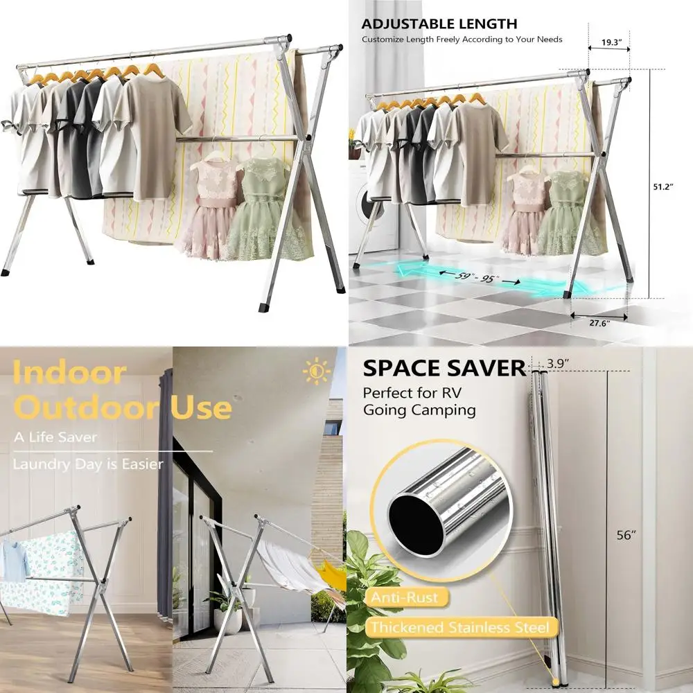 Heavy Duty Stainless Steel Laundry Drying Rack, 95 Inches Folding Indoor Outdoor Portable Drying Rack for Clothes
