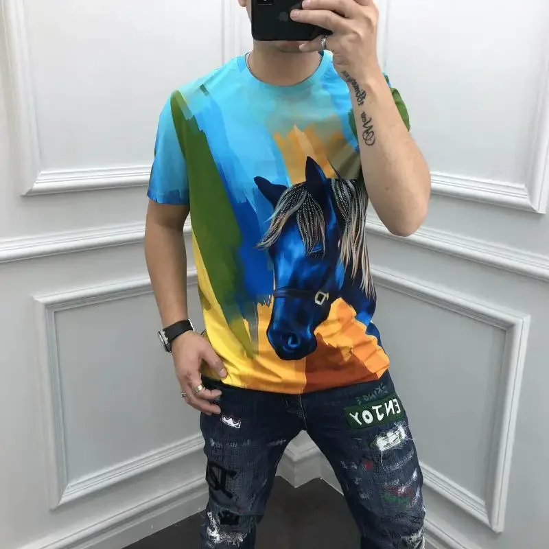 

Летняя новая европейская модная облегающая повседневная футболка с круглым вырезом и принтом страз, мужская футболка с коротким рукавом, модная и удобная